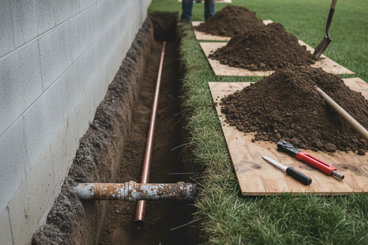 Excavated water line trench during Sewer Line Repair in Kings Park